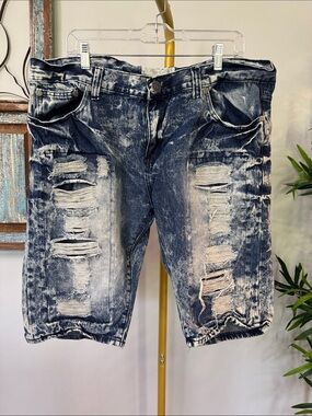 Blue Cult Men's Ripped Acid-Wash Denim Jean Shorts 38